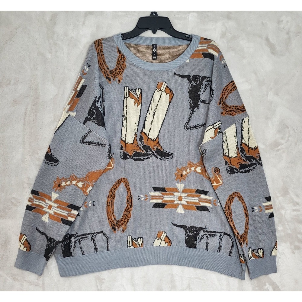 Two 2 Fly Sweater Mens 2X/3X‎ Cowboy Ranch Graphic Pullover Equestrian Southwest